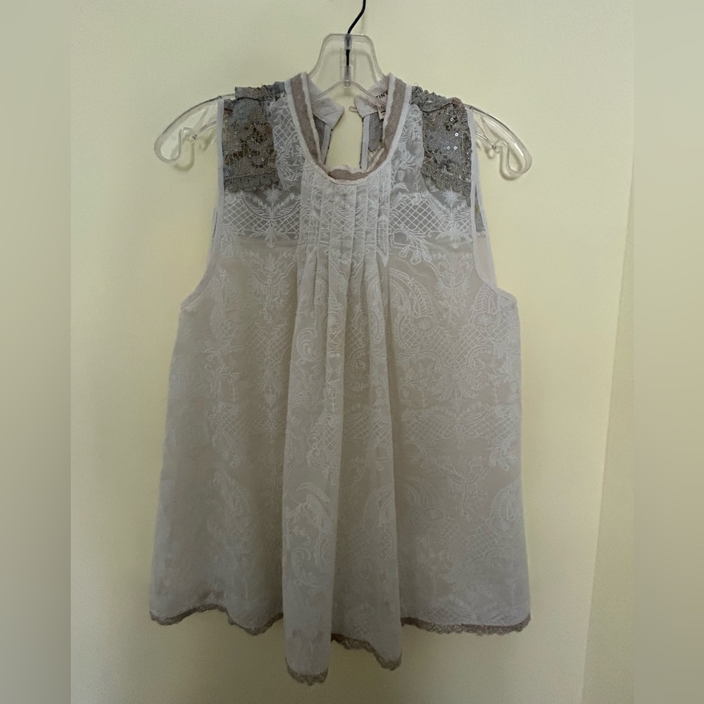 Lace and Brocade Sleeveless Swing Top with Sequin Details